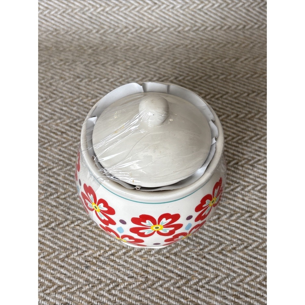 Pioneer Woman Stoneware Retro Flea Market Sugar Bowl & Lid Red Floral Canister - Picture 5 of 6
